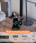 Solid Twin Loft Bed Setup With L Shaped Desk And Warm LED Lights showing built-in charging station with phone and watch.