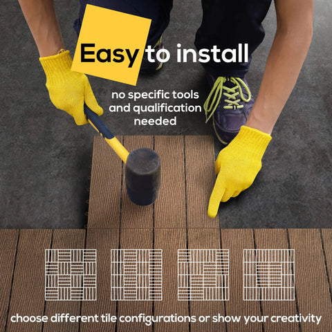 Person installing Interlocking 12 By 12 Inch Balcony Patio Deck Tiles 12 Pack Waterproof Weatherproof Floor Tiles with rubber mallet.