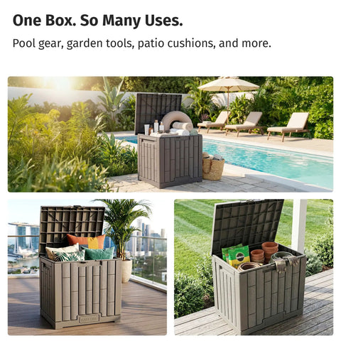 Outdoor Storage Box 31 Gallon Waterproof Resin Deck Box for patio cushions, gardening tools, pool gear near poolside.