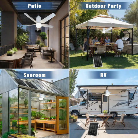 Solar Outdoor Ceiling Fan Light 31.5 Inch With Remote Portable Gazebo Fan 60W Dual Solar Panels 3000K To 6000K LED 40000mAh in various settings