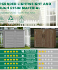 Outdoor Horizontal Trash Can Storage Shed For Large Cans 304 Gallon Resin With Lockable Doors shown next to wooden shed