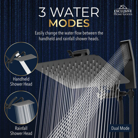 All Metal 8 Inch Dual Square Shower Head With Handheld Wand And 71 Inch Hose Set Powerful High Pressure Rain Shower Head Combo displayed in dual mode.