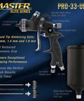 Pro Gear HVLP Spray Gun Total Package With Three Swap Out Nozzle Kits Large Aluminum Cup And Quick Change Tips For Straight Up Clean Finishes Sweet Results On Auto Or Furniture Projects, featuring matte black spray gun and aluminum cup.
