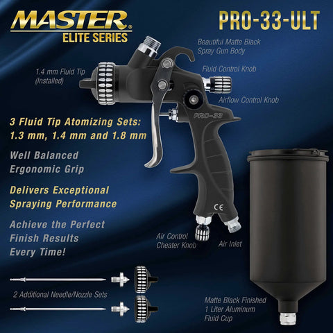 Pro Gear HVLP Spray Gun Total Package With Three Swap Out Nozzle Kits Large Aluminum Cup And Quick Change Tips For Straight Up Clean Finishes Sweet Results On Auto Or Furniture Projects, featuring matte black spray gun and aluminum cup.