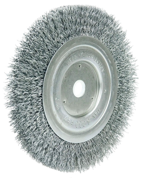 Knock Out Stubborn Rust Fast With This Heavy Duty 6 Inch Medium Face Bench Grinder Wheel Featuring Crimped Steel Wire Brush.