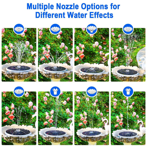 Solar Powered Bird Bath Fountain With Six Point Five Watt Solar Panel And 3000mAh Battery, multiple nozzle water effects