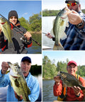 Four anglers displaying largemouth bass caught with All In One Fishing Rod And Reel Kit With Telescopic Carbon Fiber Pole And Spinning Reel Twelve Plus One Shielded Bearings Travel Carrier Case Lures Hooks Line And Essentials For Saltwater And Freshwater.