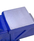 Close-up of Heavy Duty Workhorse 4 Inch Bench Vise with powder coat blue finish, showing 4 inch jaw surface for home shop use