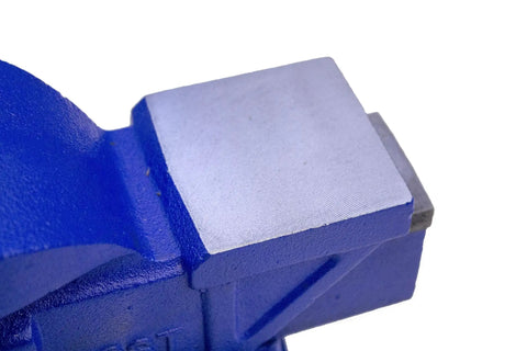 Close-up of Heavy Duty Workhorse 4 Inch Bench Vise with powder coat blue finish, showing 4 inch jaw surface for home shop use