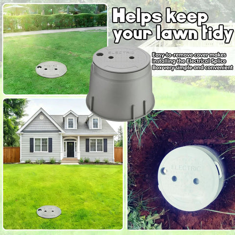 Hella Durable Ten Inch Underground Electrical Junction Box With Easy Remove Lid For Outdoor Wire Splices And In Ground Circuit Connections Built Tough Solid Polyethylene installed in grass.