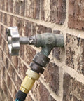 Outdoor Faucet Handle Replacement Round Wheel Spigot For Hose Bibb Leaky Outdoor Faucets Includes Screws Metal Silver Pewter 1.25 Inch Long 3.75 Inch Wide on brick wall