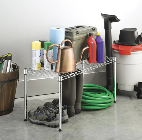 Durable Wire Shelving Unit For Pantry And Garage, Heavy Duty Metal Storage Shelves with items in garage, 14 by 30 by 15 inches