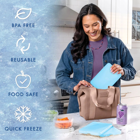 Woman using XL Slim Ice Packs For Lunch Boxes And Coolers Quick Freeze Reusable Ice Packs Space Saving Ultra Thin Design For On The Go Packing Blue Pack Of Four Reusable Ice Pack Set
