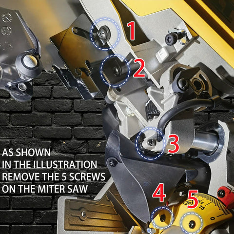 Dust Collection Adapter For 12 Inch Sliding Miter Saws With Vacuum Hose Connector Upgraded Dust Port Thickened Rubber Baffle And Faster No Mess Dust Extraction Compatible With DWS779 DWS780 DWS709 DW718 DWS782 DHS790 Pro Grade installation detail showing screw locations on miter saw.