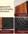 Close-up of Powered Bookshelf Speakers With Bluetooth, 80W RMS, Bass Reflex Natural Wood Cabinet details, rubber feet, and woofer.