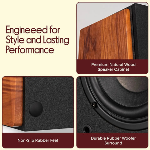 Close-up of Powered Bookshelf Speakers With Bluetooth, 80W RMS, Bass Reflex Natural Wood Cabinet details, rubber feet, and woofer.