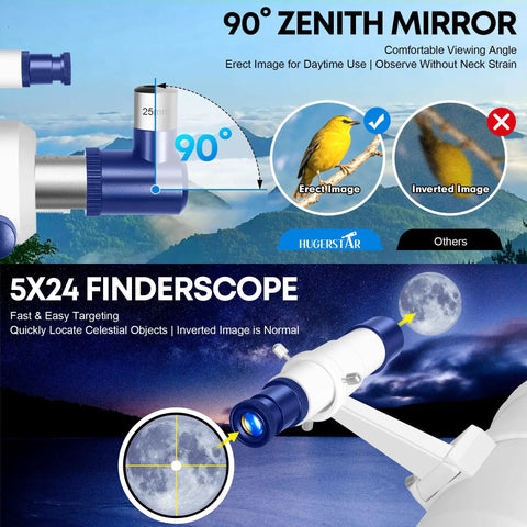 Diagram showing features of High Powered 90mm Aperture 550mm Focal Portable Refractor Telescope for Adults and Kids Beginners.