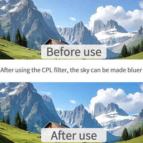 52mm CPL Filter For Phone And DSLR Cameras, Pro Grade Circular Polarizer With Universal Clip, Lens Before and After Use on Sky