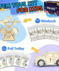 24 Pack STEM Kits For Kids Classroom Hands On Science Projects And 3D Wooden Model Builds With Windsocks and Pull Trolley