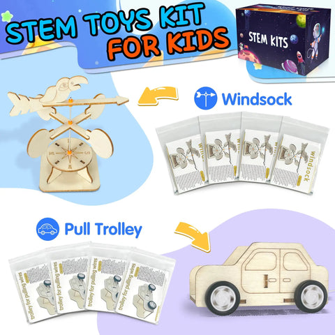 24 Pack STEM Kits For Kids Classroom Hands On Science Projects And 3D Wooden Model Builds With Windsocks and Pull Trolley