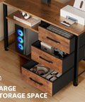 Open drawers of 47 Inch L Shaped Standing Desk With 3 Drawers, Electric Height Adjustable, Built In Power Outlets, Rustic Brown
