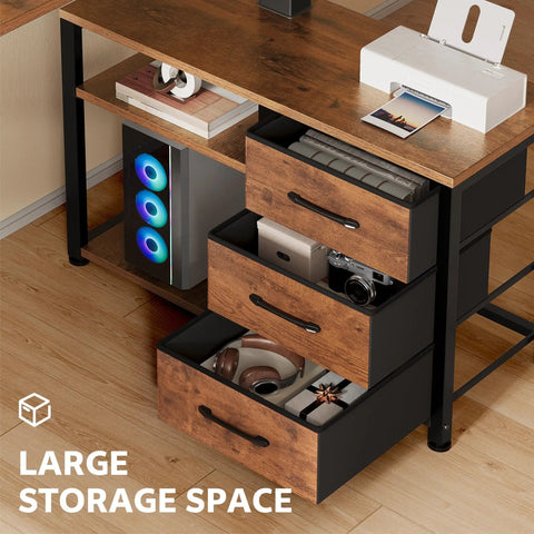 Open drawers of 47 Inch L Shaped Standing Desk With 3 Drawers, Electric Height Adjustable, Built In Power Outlets, Rustic Brown