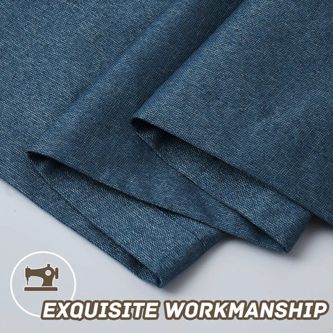 Close-up of dark blue blackout linen textured curtains set fabric showing exquisite workmanship