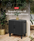 Velo 30 Gallon Outdoor Storage Cabinet With Weather Resistant Resin Construction Beefed Up Steel Reinforcement Lockable Wood Look Finish in patio setting