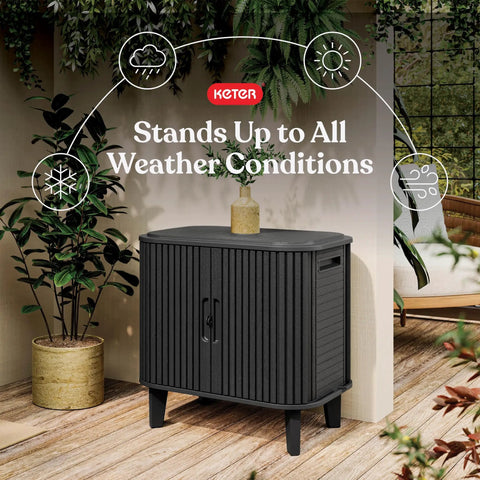 Velo 30 Gallon Outdoor Storage Cabinet With Weather Resistant Resin Construction Beefed Up Steel Reinforcement Lockable Wood Look Finish in patio setting