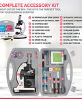 Kids Beginner Microscope Kit With 1200X Magnification, 48 Piece Set With Slides, LED Light, Carrying Case, Educational Book opened
