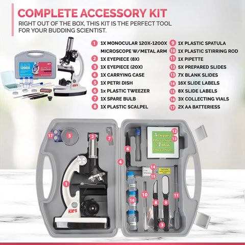 Kids Beginner Microscope Kit With 1200X Magnification, 48 Piece Set With Slides, LED Light, Carrying Case, Educational Book opened