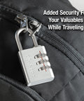 Set Your Own Small Aluminum Lock For Travel Backpacks Cabinets And Zippers With A Three Digit Code, securing a black backpack.