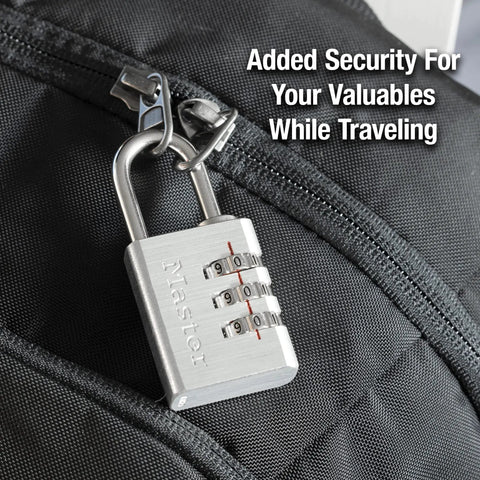 Set Your Own Small Aluminum Lock For Travel Backpacks Cabinets And Zippers With A Three Digit Code, securing a black backpack.