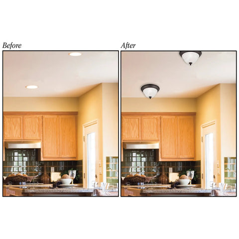 Before and after of kitchen with Recessed Light To Pendant Converter For 4 To 6 Inch Can Lights With Paintable Medallion