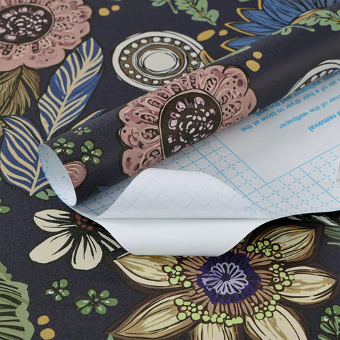 Slay Your Walls With This Dope Blue Boho Wallpaper Peel And Stick Vintage Floral Pattern Removable Self Adhesive Vinyl Roll For Bedroom Bathroom DIY Refresh Smooth Operator Vibes Upgrade Game, showing floral design and adhesive backing.
