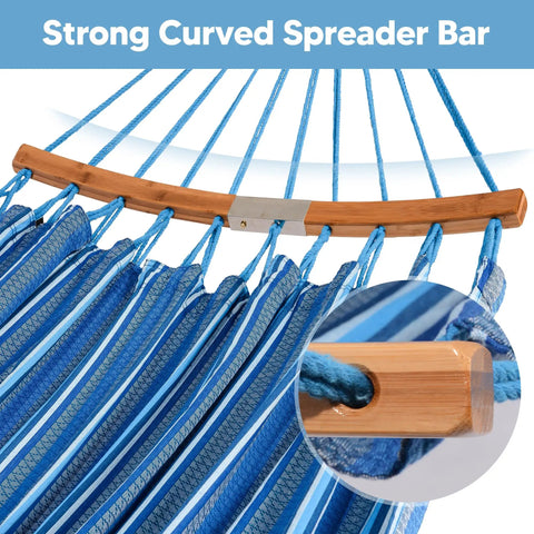 Close-up of blue double hammock with curved wooden spreader bar and thick ropes for Double Hammock With Curved Spreader Bar For Outdoor Hangouts In Patio Backyard Balcony Portable With Carrying Bag And Tree Straps Supports Up To 450lbs Blue Ideal For Indoor Bedroom Or Outdoor Patio Lounging And Travel Ready