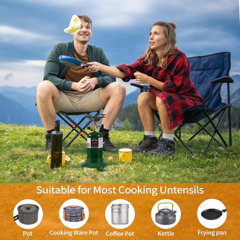 Couple using lightweight propane camping stove with adjustable burner 10000 BTU for outdoor cooking.
