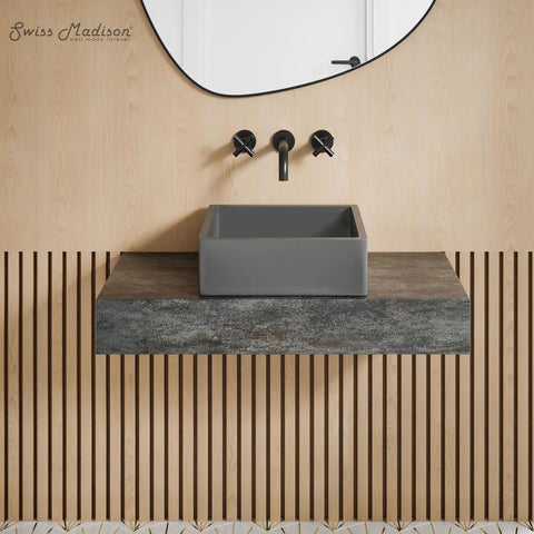 15 Inch Square Concrete Vessel Sink For Bathrooms In Dark Grey Above Counter Installation Stain Resistant Non Porous Concrete No Faucet Holes For Wall Mounted Faucets Modern Durable Vessel Basin on wooden counter