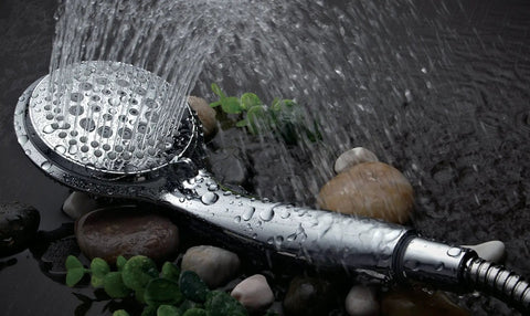 Three Way Shower Combo With No-Drill Instant Mount Slide Bar, Overhead And Handheld Heads, Stainless Steel Hose in a water stream