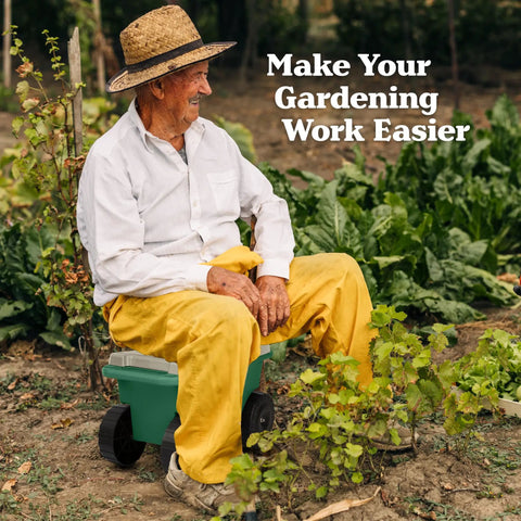 Man using Rolling Garden Cart With Seat And Interior Tool Tray Green Plastic Garden Bench On Wheels For Easier Weeding Planting