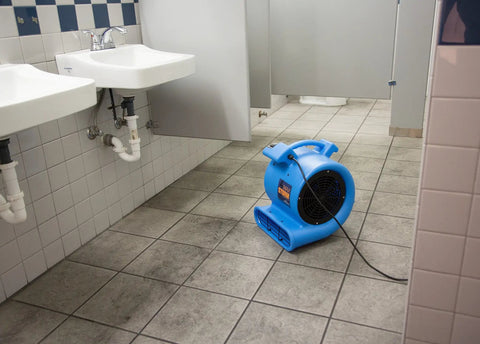 One Half Horsepower Heavy Duty Air Mover, Lightweight Carpet Dryer And Floor Blower With High Velocity Airflow, Blue in bathroom