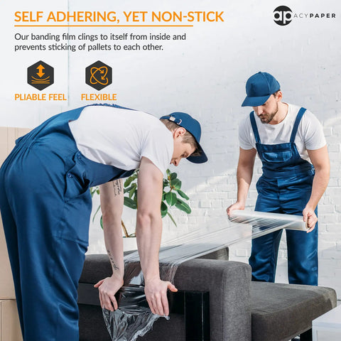 Two workers using Badass Heavy Duty Stretch Wrap 18 Inch Clear Packing Film 1200 Feet Long 4 Rolls for securing furniture.