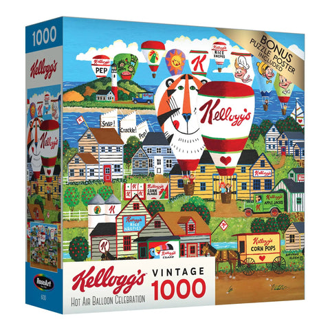 Hot Air Balloon Celebration 1000 Piece Jigsaw Puzzle For Adults With Interlocking Pieces Eco Friendly Recycled Paperboard Vegetable Ink Print 20 By 27 Inch Finished Size Great For Family Night box showing vibrant hot air balloons over a village.