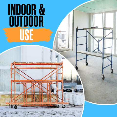 Heavy Duty Scaffolding Wheels With Swivel Stem Mount And Dual Lock Brakes For Smooth Riding On Tough Job Sites displayed on indoor and outdoor scaffolding.