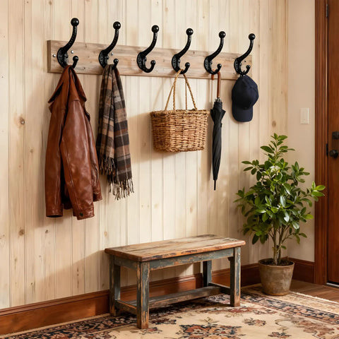 Six Pack Cast Iron Wall Hooks Vintage Black Metal Heavy Duty Coat Rack Bathroom Kitchen Entryway Decor Includes Fastening Hardware And Anchors in use displaying jackets and accessories.