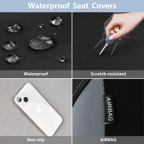 Waterproof Neoprene Front Seat Covers With Separate Headrest Cover, Easy Slip On Quick Install, Airbag Compatible Universal Fit For Cars SUVs And Trucks, 5mm EVA Padding, Keeps Sweat Stains Sand And Dog Hair Off, Gray with waterproof, scratch-resistant, and airbag features shown.