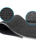 Close-up of Heavy Duty Rubber Door Mat 3 By 5 Feet for Indoor Outdoor Use showing striped gray surface and rubber backing