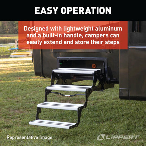 Alumi-Tread Triple Manual Step With No Slip Grips And Textured Surface For Solid Traction And Stability Built In Grab Handle Lightweight Aluminum RV Entry Step In Black, deployed on RV