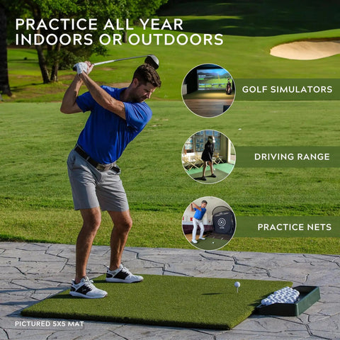 Beefy 5x5 Golf Practice Mat With Realistic Fairway Feel Nylon Surface Indoor Outdoor Turf Tee Compatible Zero Bounce in use by golfer