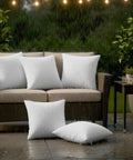 Outdoor Pillow Inserts 18 By 18 Inches Pack Of 2 White No Fuss Water Resistant Throw Pillows For Patio And Porch Furniture Durable Cushions For Garden And Outdoor Decor on a wicker sofa in the rain.